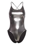 Recycled Shine String Swimsuit Baddräkt Badkläder Silver Ganni