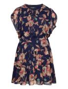 Floral Crinkle Georgette Tie-Neck Dress Kort Klänning Navy Lauren Wome...