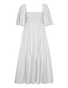 Ganni Stripe Seersucker Ruffle Midi Dress Blå