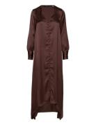 Vmemma Ls Long Satin Button Dress Wvn Knälång Klänning Brown Vero Moda