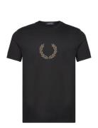 Flocked Laurel Wreath Tee Tops T-shirts Short-sleeved Black Fred Perry