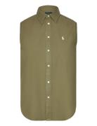 Cotton Oxford Sleeveless Shirt Tops Shirts Short-sleeved Khaki Green P...