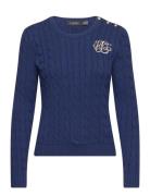 Button-Trim Cable-Knit Cotton Sweater Tops Knitwear Jumpers Blue Laure...