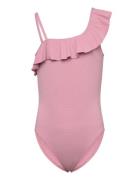 Asymmetric Ruffle Swimsuit Baddräkt Badkläder Pink Mango