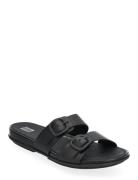 Gracie Rubber-Buckle Two-Bar Leather Slides Platta Sandaler Black FitF...