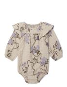 Garbo&Friends Tree Of Life Seersucker Ls Romper Beige